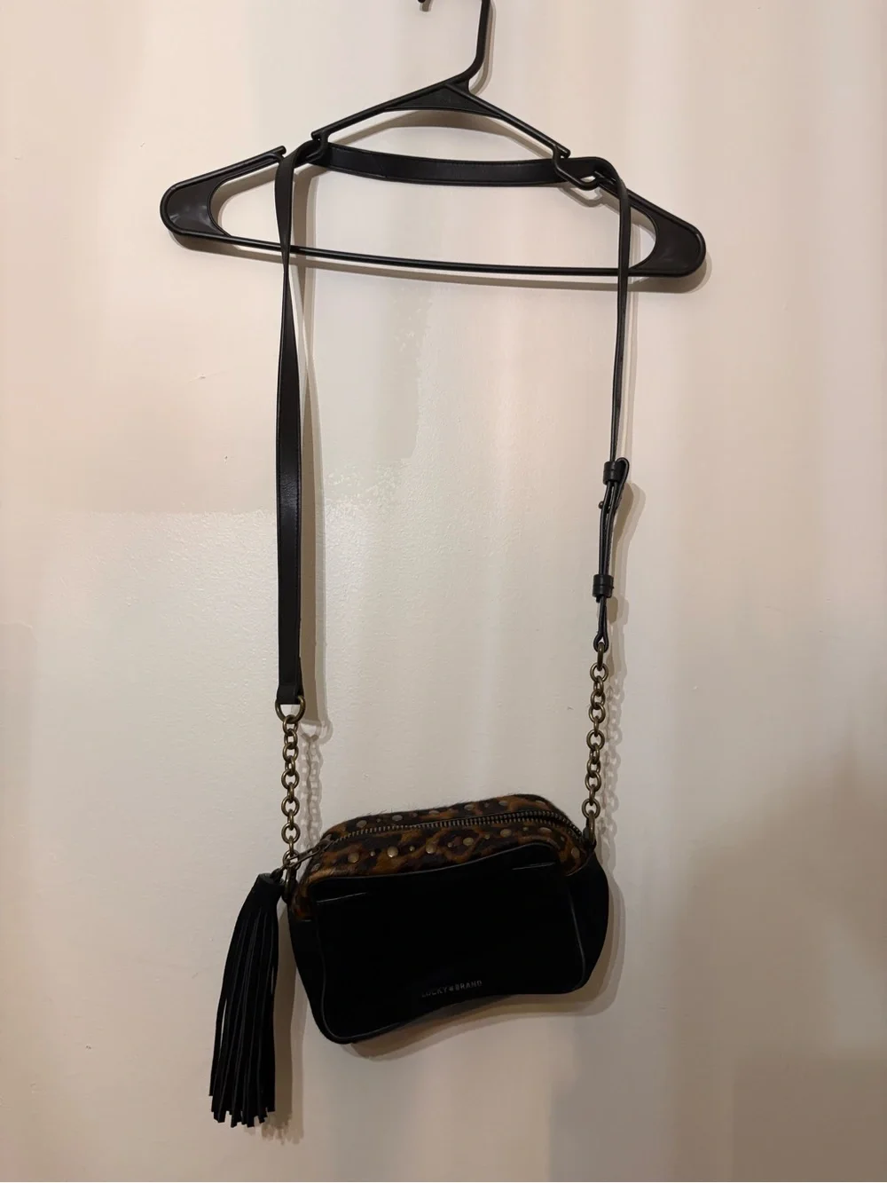 Lucky Brand Leopard Print Crossbody in Brown and Black with Tassel